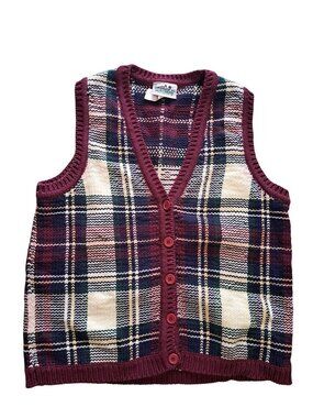 Northern Reflections S Womens Plaid Knit Button-Up Sweater Vest Cotton Preppy
